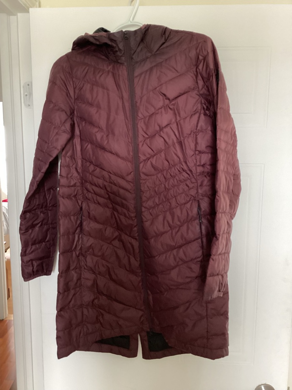 Lole Women's Long Quilted Hooded Puffer Coat in Burgundy